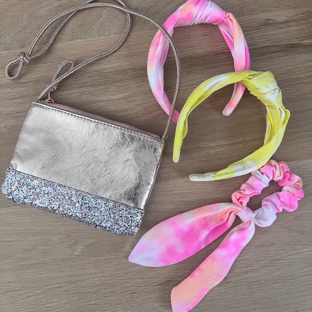 Jcrew Bundle Kids Glittery Silver Bag and Tie-Dye Headband Set